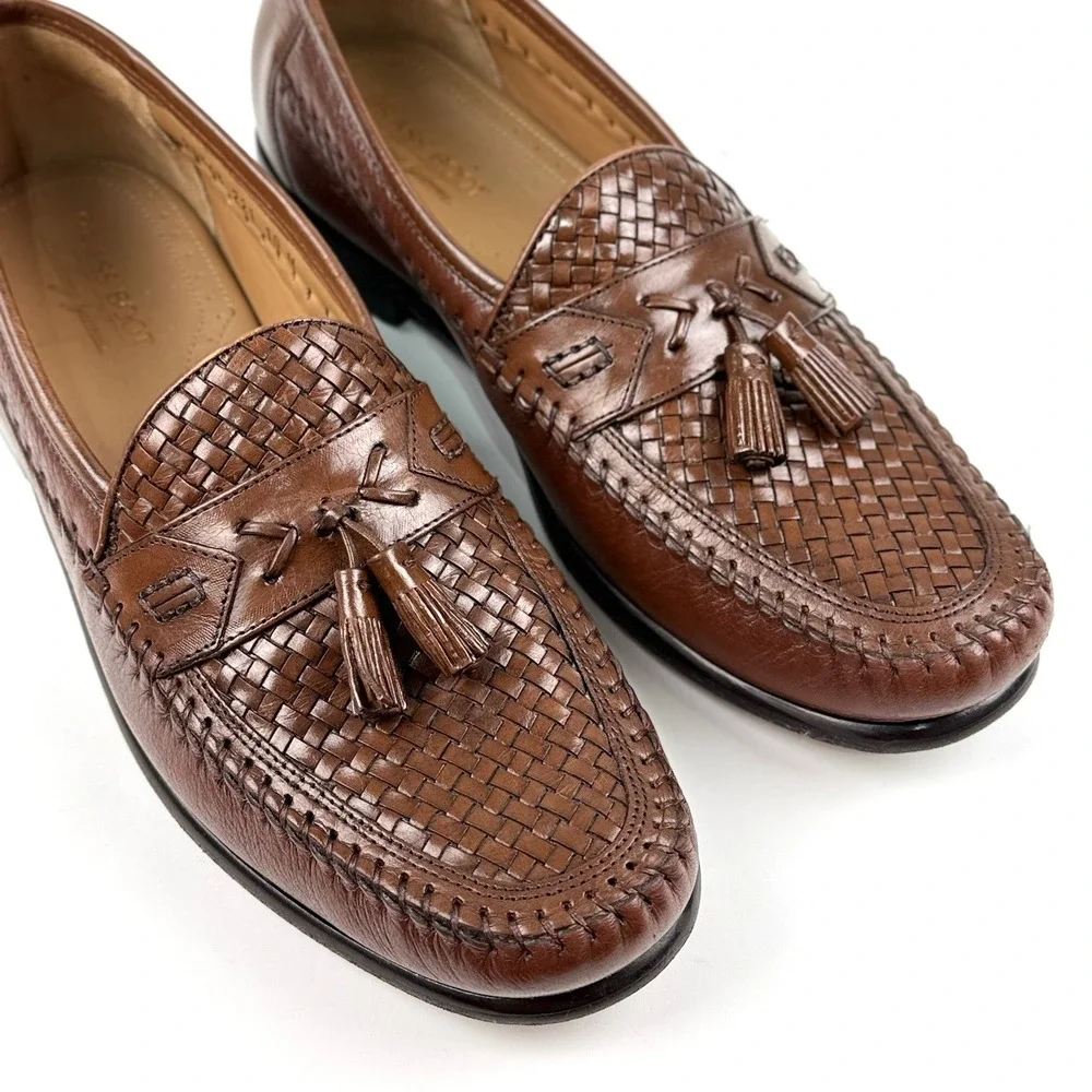 Brass Boot Woven Leather Tassel Loafer Dress Shoe Men US 10 M Sheepskin Lining